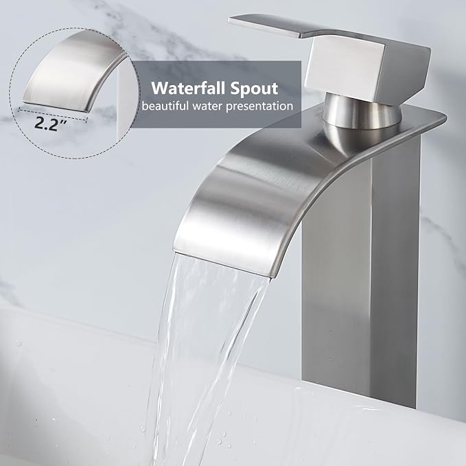 Tall Bathroom Vessel Sink Faucet, Brushed Nickel Tall Waterfall Single Handle 1 Hole Bathroom Vessel Sink, Bowl Wash Basin Lavatory Vanity Faucets with Pop-up Drain