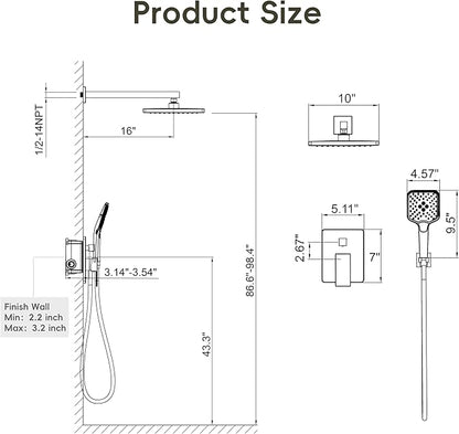Gabrylly Shower System, Wall Mounted Shower Faucets Sets Complete for Bathroom with High Pressure 10" Rain Shower head and 3-Setting Handheld Shower Head Set, 2 Way Shower Valve Kit, Brushed Nickel