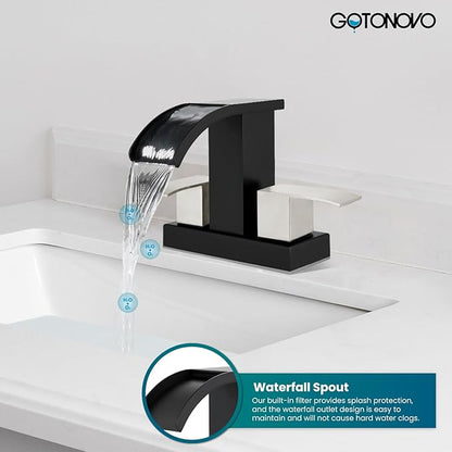 gotonovo Waterfall 4 Inch Centerset Bathroom Sink Faucet 2 Handle Basin Faucets 2 or 3 Hole Deck Mount with Pop Up Drain Included Lavatory Modern Mixer Tap Vanity Faucet Matte Black & Brushed Nickel