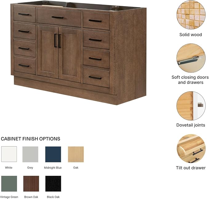 ARIEL Hepburn 54-inch Bathroom Vanity Base Cabinet,Solid Wood, 2 Soft Closing Doors, 9 Dovetail Drawers, Brown Oak