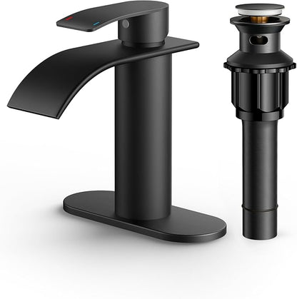 FORIOUS Waterfall Matte Black Bathroom Faucet 1 Hole, Single Handle Bathroom Sink Faucets for 1 or 3 Hole with Deck Plate, Metal Pop up Drain, cUPC Hoses for Vanity, Basin, Rv, Lavatory Sink