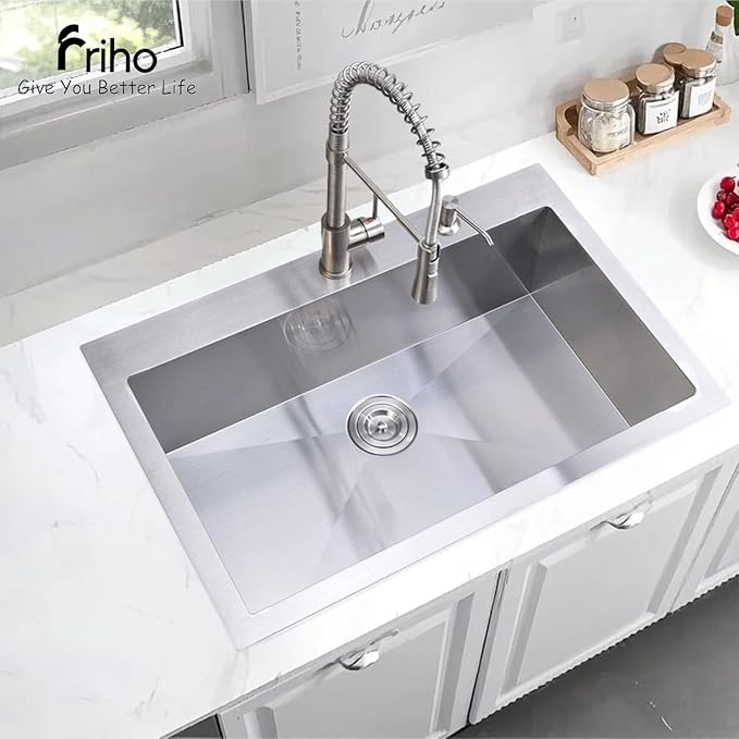 Friho 28 Inch Drop in Kitchen Sink, 28x18 Topmount Commercial Handmade 16 Gauge Single Bowl Stainless Steel Sink with Basket Strainer