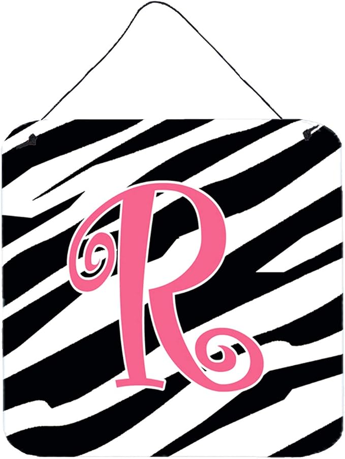 Caroline's Treasures CJ1037-RDS66 Letter R Initial Zebra Stripe and Pink Wall or Door Hanging Prints Aluminum Metal Sign Kitchen Wall Bar Bathroom Plaque Home Decor, 6x6, Multicolor