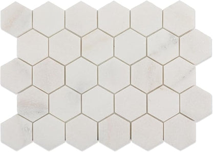 Marble Mosaic Tile, 2 Inch Hexagon, Honed, White Natural Stone Mosaic Tiles for Kitchen Backsaplsh, Shower Floor, Bathroom, Accent Wall, Pack of 5 Sheets