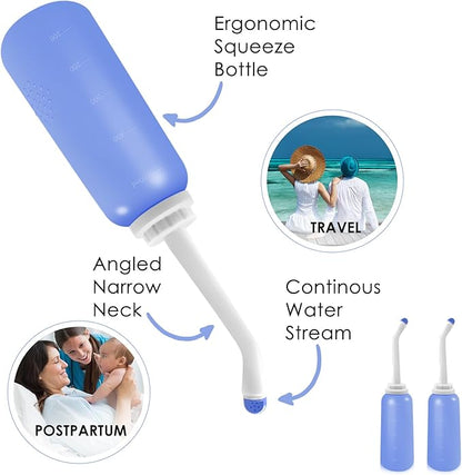 RUFCRIL Peri Bottle, 2-Pack Portable Travel Bidet with Bag, TPE Material Can Be Boiled, 17oz/500ml with 2 Sealing Rings,Essentials for Postpartum Perineal Care,Hemorrhoid Treatment,and Baby(Blue)