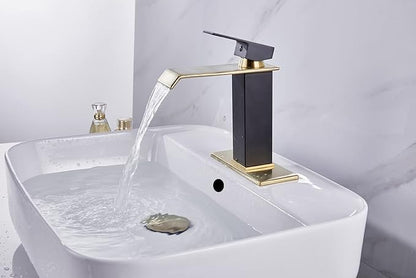 Bathroom Faucet Brushed Golden Waterfall Spout Black Body Single Handle Brass Pop Up Drain Stopper with Overflow Include for 1-3 Holes Basin Sink Deck Mounted Lavatory Vanity