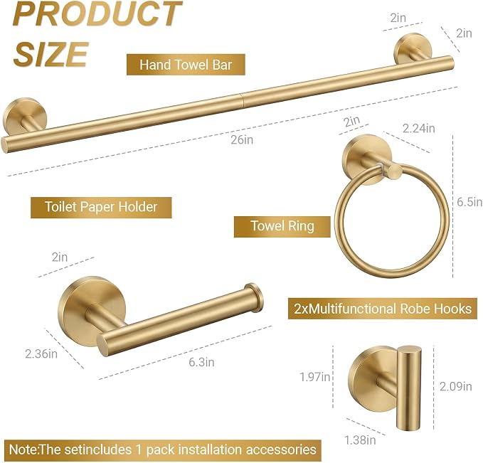 Brushed Gold 5-Piece Bathroom Hardware Set, Bathroom Accessories Set | SUS304 Stainless Steel, 24 inch Towel Bar, Towel Racks for Bathroom, Toilet Paper Holder Wall Mounted, Robe Towel Hooks