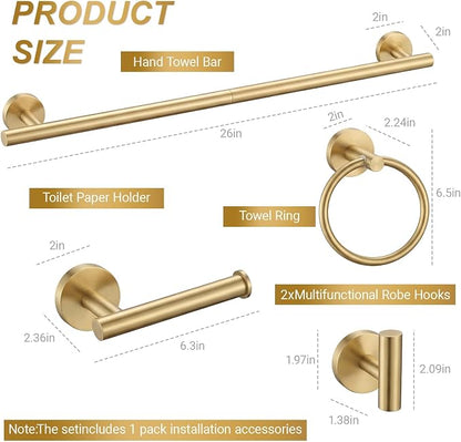 Brushed Gold 5-Piece Bathroom Hardware Set, Bathroom Accessories Set | SUS304 Stainless Steel, 24 inch Towel Bar, Towel Racks for Bathroom, Toilet Paper Holder Wall Mounted, Robe Towel Hooks
