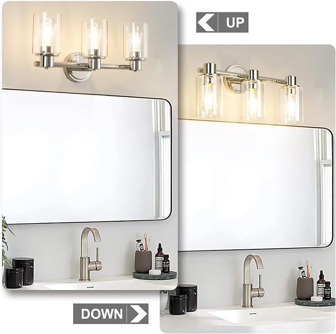 3 Light Bathroom Wall Light Fixtures Chrome Bathroom Wall Sconce with Clear Glass Lights Over Mirror Vanity Lights E26 Base