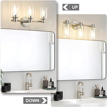3 Light Bathroom Wall Light Fixtures Chrome Bathroom Wall Sconce with Clear Glass Lights Over Mirror Vanity Lights E26 Base