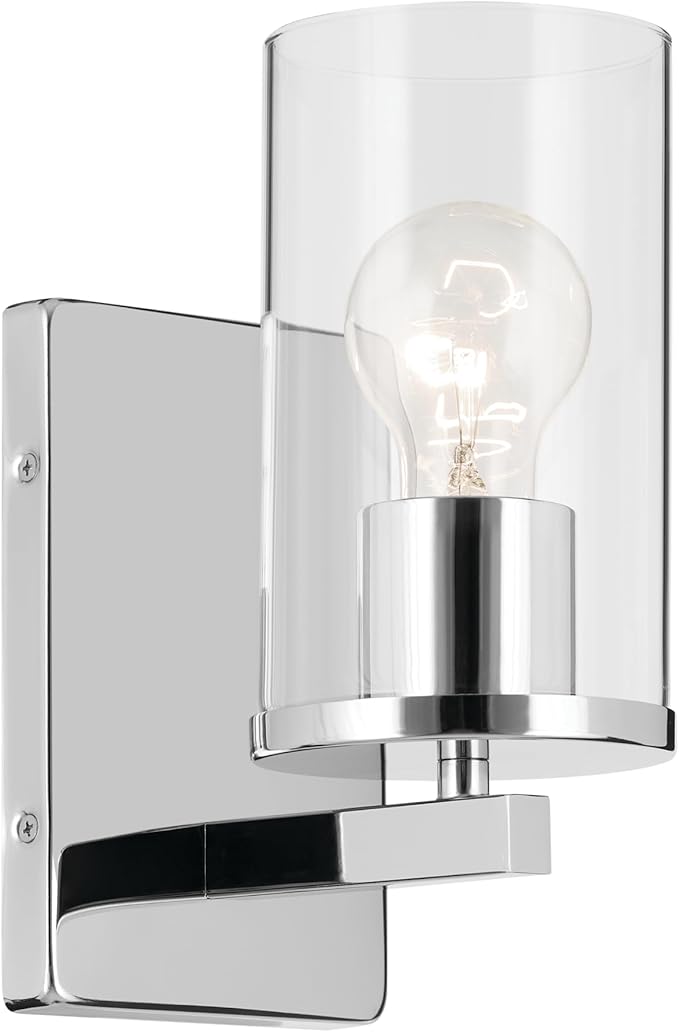 Crosby 4.5" 1-Light Wall Sconce with Clear Glass in Chrome, for Bathroom, Powder Room, Hallway, Kitchen, Bedroom, Fireplace, (4.5" x 9.25"), 45495CHCLR