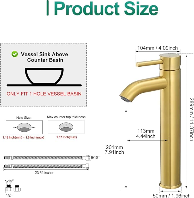 VOTON Vessel Sink Faucet Brushed Gold Tall Bathroom Faucets Single Handle One Hole Rv Vanity Lavatory Bathroom Sink Faucet