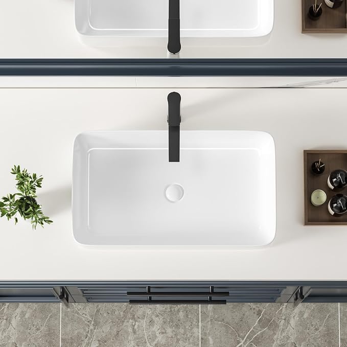 KINGWONG 24 Inch Rectangular Vessel Sink White Ceramic Above Counter Basin | Porcelain resists thermal shock & stains. Ultra-smooth glaze cleans in a wipe. Its 4.3" depth cuts water use and splash