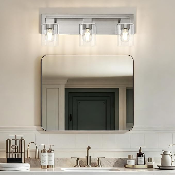 21.6 Inch Brushed Nickel Bathroom Light Fixtures, with Clear Glass Shade | 3-Light Bathroom Lighting Fixtures Over Mirror, Modern Wall Light, bathroom vanity light E26 Socket, ETL