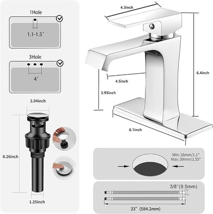 Waterfall Bathroom Faucet Chrome Bathroom Sink Faucet, Modern Single Hole Bathroom Faucet, Single Handle RV Sink Vanity Faucet—Includes Pop-Up Drain, Suitable for 1-Hole or 3-Hole