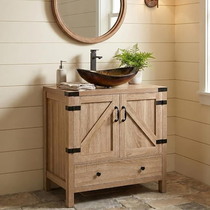 28 inch Natural Color Bathroom Vanity, Rustic Fixture Standing Pedestal Cabinet with Gold Boat Vessel Sink