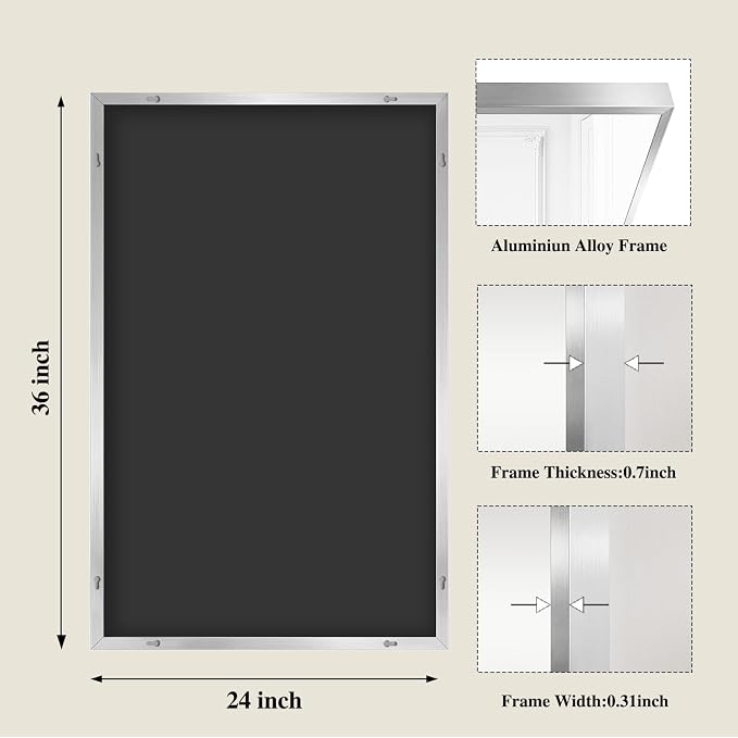 Koonmi Silver Rectangle Wall Mirror, 24x36 Inch Bathroom Mirror, Aluminum Frame Vanity Mirror for Entryway, Living Room, Bedroom Bathroom, Hangs Horizontally or Vertically