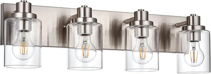 4 Light Vanity Light Brushed Nickel Bathroom Lighting Fixtures Over Mirror, Modern Bathroom Light with Clear Glass Shade, Farmhouse Vanity Lights