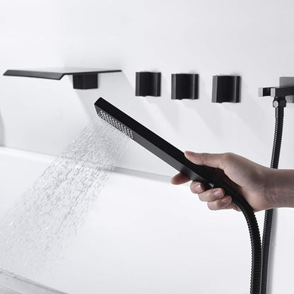 Wall Mount Waterfall Tub Filler Faucet with Hand Shower High Flow Matte Black Bathtub Faucet,SUMERAIN