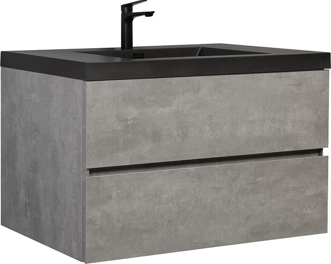 42 Inch Floating Bathroom Vanity with Sink, Modern Grey Wall Mounted Floating Vanity with Scratch-Resistant Quartz Sand Basin and Soft Closing Drawers, Pre Assembled Bathroom Vanity