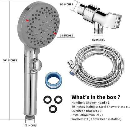 Handheld Shower Head with 79" Extra Long Hose 7 Modes, Chrome | High Pressure Shower Head with On/Off Switch Button, Powerful Wash Modes, for Baby and Pets Bath