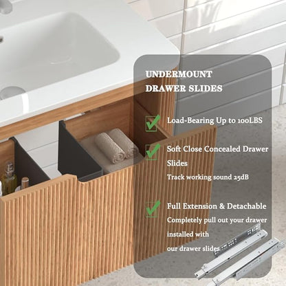 24'' Floating Bathroom Vanity with Sink, Wall Mounted Modern Bathroom Cabinet W/Curved Edges Stripes, Oak & Plywood, Pre-Assembled with Integrated Ceramic Basin – Havana, Natural Oak