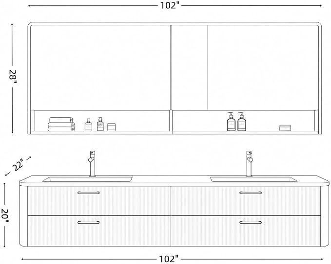 102 in Double Bathroom Vanity with Sinks - Modern Floating Bathroom Vanity with Solid Wood Cabinet, Anti-Fog Mirror and Integrated Stone Sinks | Wall Mounted Design | Ample Storage