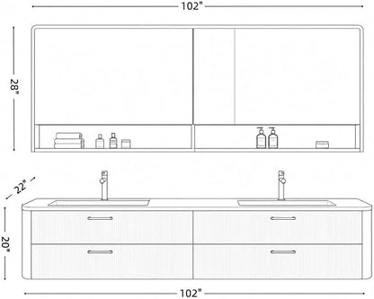 102 in Double Bathroom Vanity with Sinks - Modern Floating Bathroom Vanity with Solid Wood Cabinet, Anti-Fog Mirror and Integrated Stone Sinks | Wall Mounted Design | Ample Storage