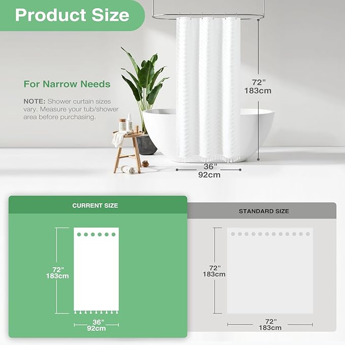 Dynamene Stall Fabric Shower Curtain, 36x72 inch Half Boho Tufted Chevron Striped Small Cloth Shower Curtains for Bathroom, Narrow Thick Waterproof Polyester Shower Curtain Set with 6 Hooks, White
