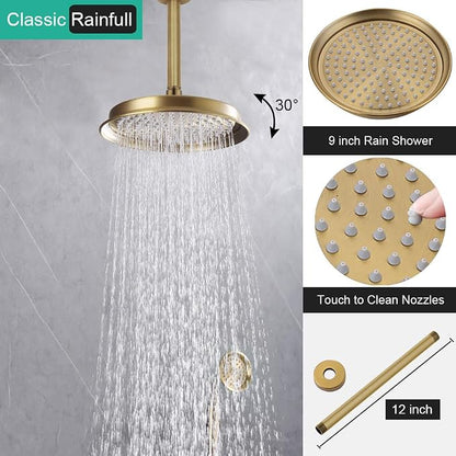 Dual Rain Shower Head System with Handheld Antique Faucet Set | Brushed Titanium Gold, Multi-layer Plating, Vintage Rainfall, 3 Way Diverter Brass Valve with Trim Kit, Easy Install