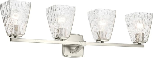 Kichler Marant 33.25" 4-Light Vanity Light with Clear Water Glass in Brushed Nickel, for Bathroom, Powder Room, Over a Mirror, (33.25" W x 9.5" H), 55217NIWTR