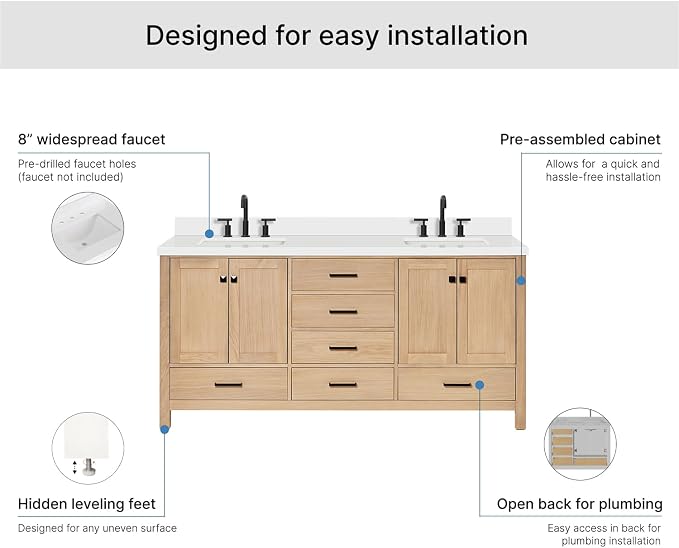 ARIEL Cambridge 72-inch Bathroom Vanity with Sink,Solid Wood, 1.5-inch Pure White Quartz Countertop, Double Rectangular Porcelain Sink, 4 Soft Closing Doors, 6 Dovetail Drawers, White Oak