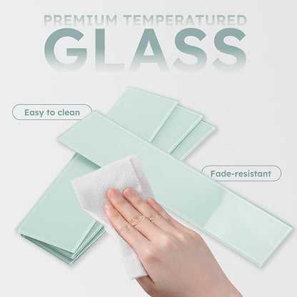 Peel and Stick Green Glass Subway Tiles, 3x12 Inch, 5 Sq.ft | Glass Tile for Kitchen Backsplash, Bathroom, Accent Wall