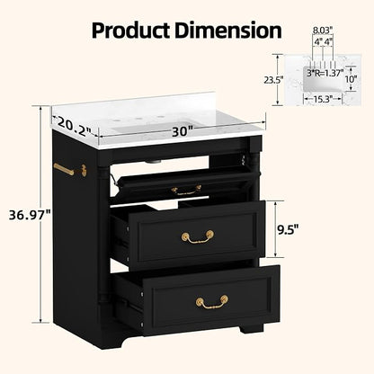 YESHOMY 30" Bathroom Vanity with Sink, Marble-Look Countertop, Black | Freestanding Storage Cabinet with Ceramic Basin, Tilt-Out Drawer and Additional Drawers for Bathroom