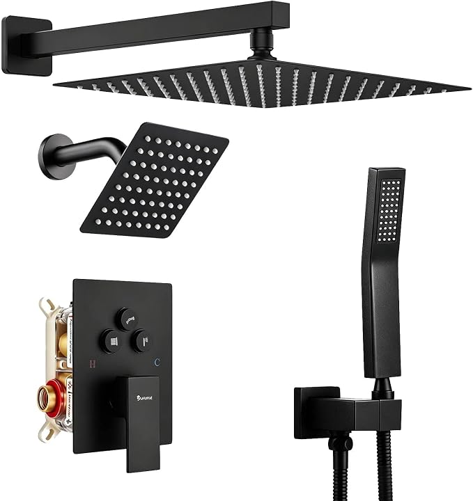 Dual Rainfall Shower Head System Matte Black, 3-Function Push Button Shower Faucet Set with 12" Wall Mount Rain shower head and 6" Wall Mount Shower Head, Pressure Balance Rough-in Valve