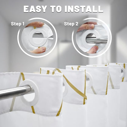 No Hook Gold White Striped Shower Curtain with Snap in Liner Set - Hotel Shower Curtain and Liner Set with See Through Mesh Top Window,Machine Washable, 71x74 INCH