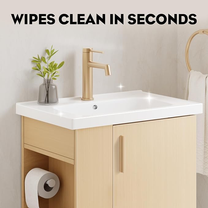 20 Inch Oak Pre-Assembled Freestanding Small Bathroom Vanity with Sink, Soft-Close Door, Left Side Storage, Space-Saving Design, No Faucet, BV05-20-oak-plus
