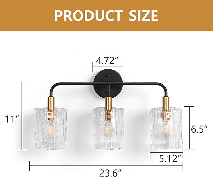 3-Light Glass Bathroom Vanity Lights Over Mirror, Black and Gold Bathroom Light Fixture with Clear Glass Shade, Modern Bathroom Wall Sconce Lighting for Mirror, Living Room (E12)