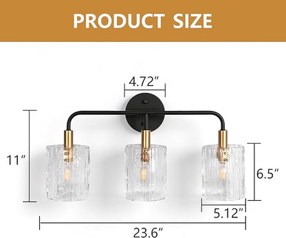 3-Light Glass Bathroom Vanity Lights Over Mirror, Black and Gold Bathroom Light Fixture with Clear Glass Shade, Modern Bathroom Wall Sconce Lighting for Mirror, Living Room (E12)
