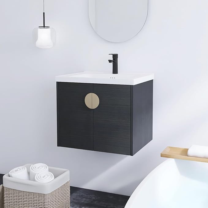 24" Floating Bathroom Vanity with Sink Combo,24 Inch Bathroom Vanity,Single Sink Wall Mounted Vanity Combo,Modern Wall Mounted Cabinet Set with Ceramic Sink,Black