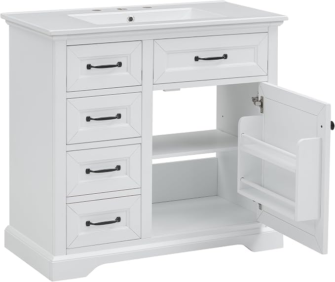 36" Bathroom Vanity with Ceramic Sink,Freestanding Storage Cabinet w/Soft-Close Door and 2 Tip-Out & 2 Drawers,Undermount Single Basin Bath Vanity Set w/Adjustable Shelf,White