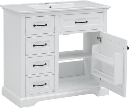 36" Bathroom Vanity with Ceramic Sink,Freestanding Storage Cabinet w/Soft-Close Door and 2 Tip-Out & 2 Drawers,Undermount Single Basin Bath Vanity Set w/Adjustable Shelf,White