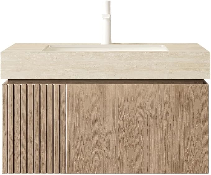 KEIKI 30 Inch Floating Bathroom Vanity with Sink, Light Brown & Beige | Modern Wall Mounted Storage Cabinet w/ Drawer & Door, Pre-assembled Wood Panels, Sintered Stone Top & Ceramic Basin Combo Set