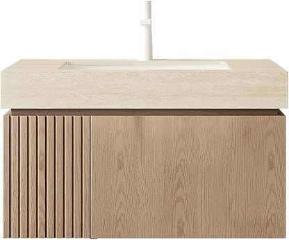 KEIKI 30 Inch Floating Bathroom Vanity with Sink, Light Brown & Beige | Modern Wall Mounted Storage Cabinet w/ Drawer & Door, Pre-assembled Wood Panels, Sintered Stone Top & Ceramic Basin Combo Set