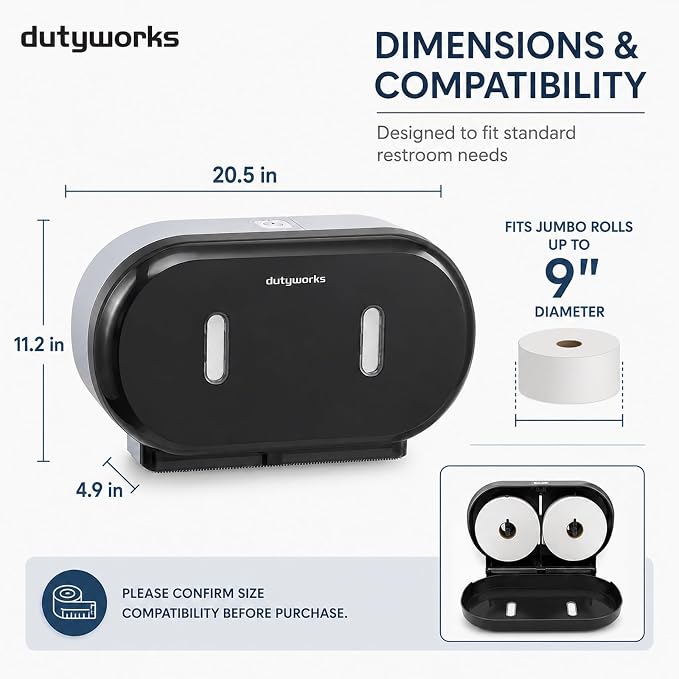 Commercial Jumbo Toilet Paper Dispenser Wall Mount | Holds 2 Rolls up to 9 in, Lockable, Visible Window, Sliding Divider, No-Drill Installation, Heavy Duty ABS