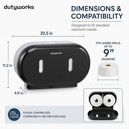 Commercial Jumbo Toilet Paper Dispenser Wall Mount | Holds 2 Rolls up to 9 in, Lockable, Visible Window, Sliding Divider, No-Drill Installation, Heavy Duty ABS