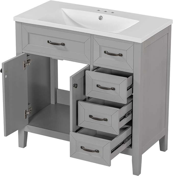 36 Inch Bathroom Vanities with Undermount Ceramic Sink, Storage Cabinet with Soft Closing Doors and Three Drawers, Solid Wood Frame, Gray