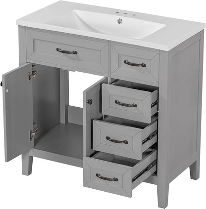 36 Inch Bathroom Vanities with Undermount Ceramic Sink, Storage Cabinet with Soft Closing Doors and Three Drawers, Solid Wood Frame, Gray
