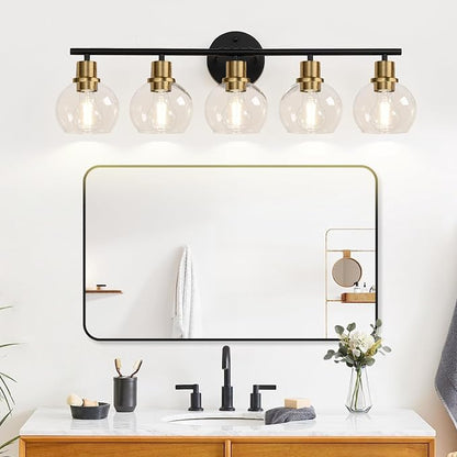 5-Light Bathroom Vanity Light, Black and Gold Bathroom Light Fixtures with Clear Glass Globe Shades, Modern Vanity Lighting Over Mirror for Bathroom, Kitchen, Living Room, Hallway, Bedroom, Porch