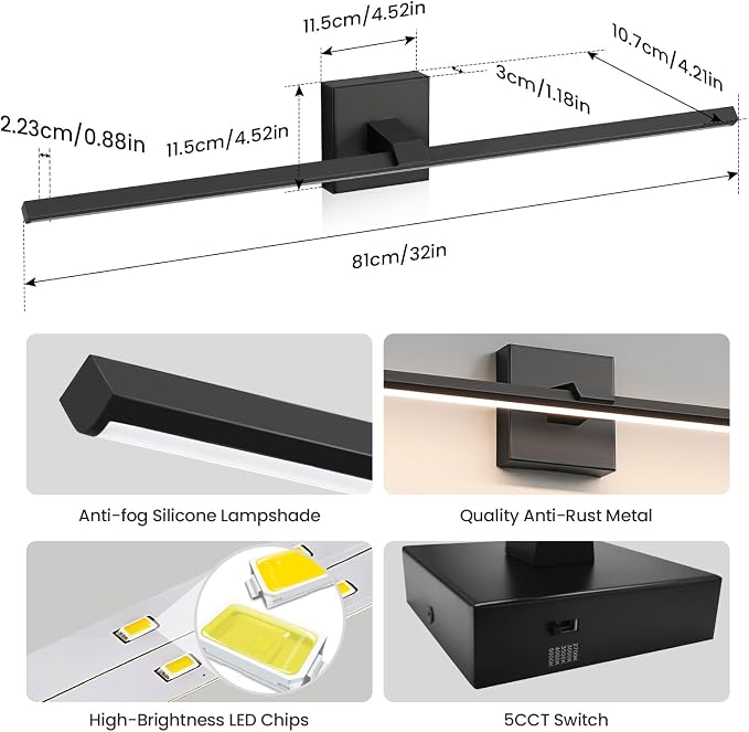 Modern Bathroom Vanity Light 32 Inch Matte Black Dimmable 5CCT LED Vanity Light Bar for Bathroom Lighting Fixtures Over Mirror Cabinets Bedroom, 24W